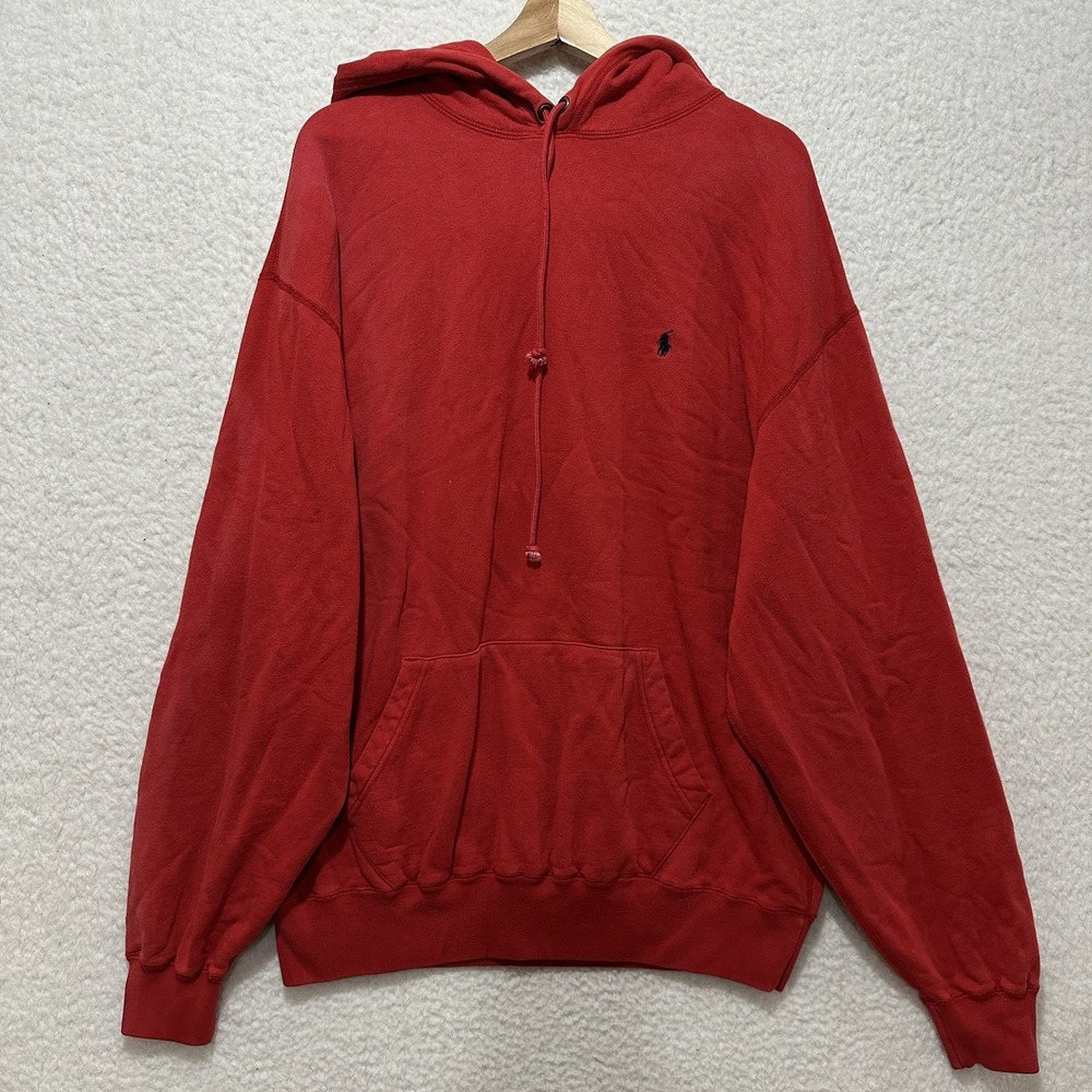 Vintage Polo Ralph‎ Lauren Hoodie Mens Red Fleece Pullover Drawstring Size Large